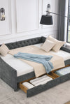 Queen Size Daybed with Drawers Upholstered Tufted Sofa Bed,,with Button on Back and Copper Nail on Waved Shape Arms, Grey (84.5"x63.5"x26.5")